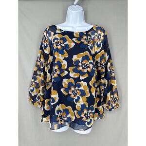 Cabi Top Women Small Blue Floral Lydia Retro Chiffon Cottage Office Boho Capsule